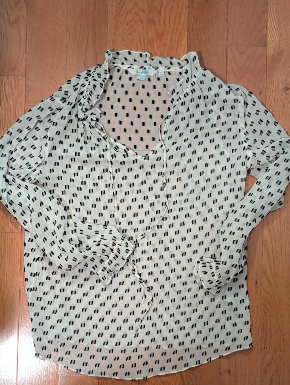 Boden Creamy White And Black Blouse  Geometric Print and Tie Neck